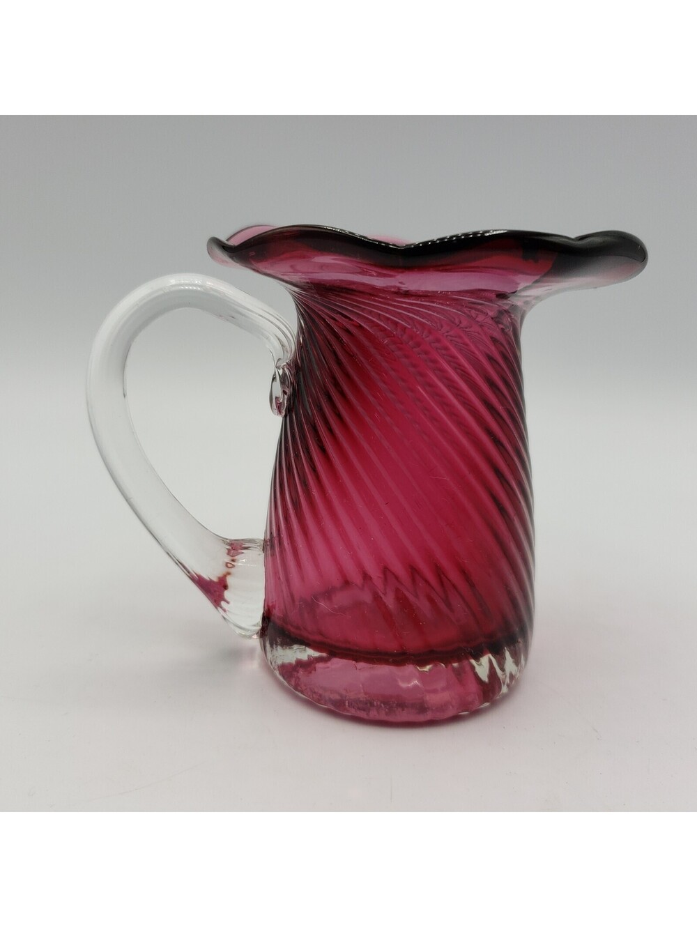 Vintage Cranberry Glass Optic Swirl Creamer Applied Handle Blown Glass Flared